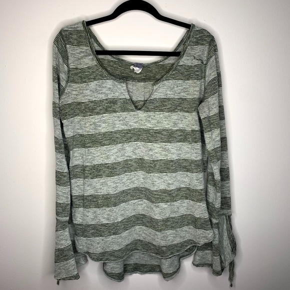 Free People Tops - Free People Green Striped Split V-Neck Top M